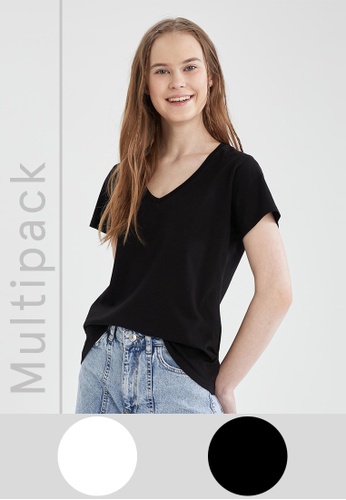DeFacto black 2-pack Short Sleeve V-Neck T-Shirt F5D8CAA7FC933DGS_1