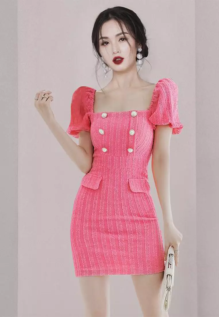 泡泡袖方領雙排扣時尚包臀連衣裙CA100576