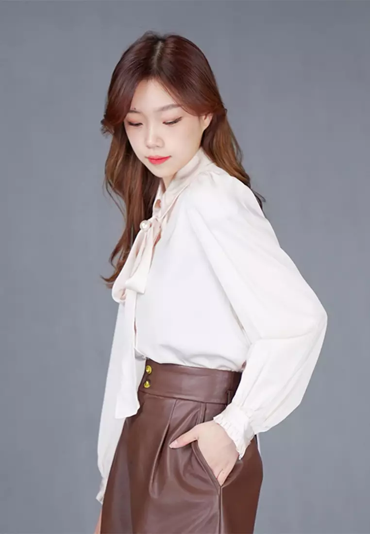 Long Puff Sleeve Chiffon Top with Bow Tie