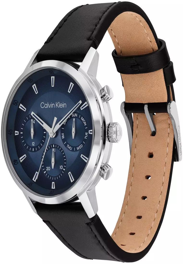 Men's Chronograph Black Leather Blue Dial Watch - CK25200497