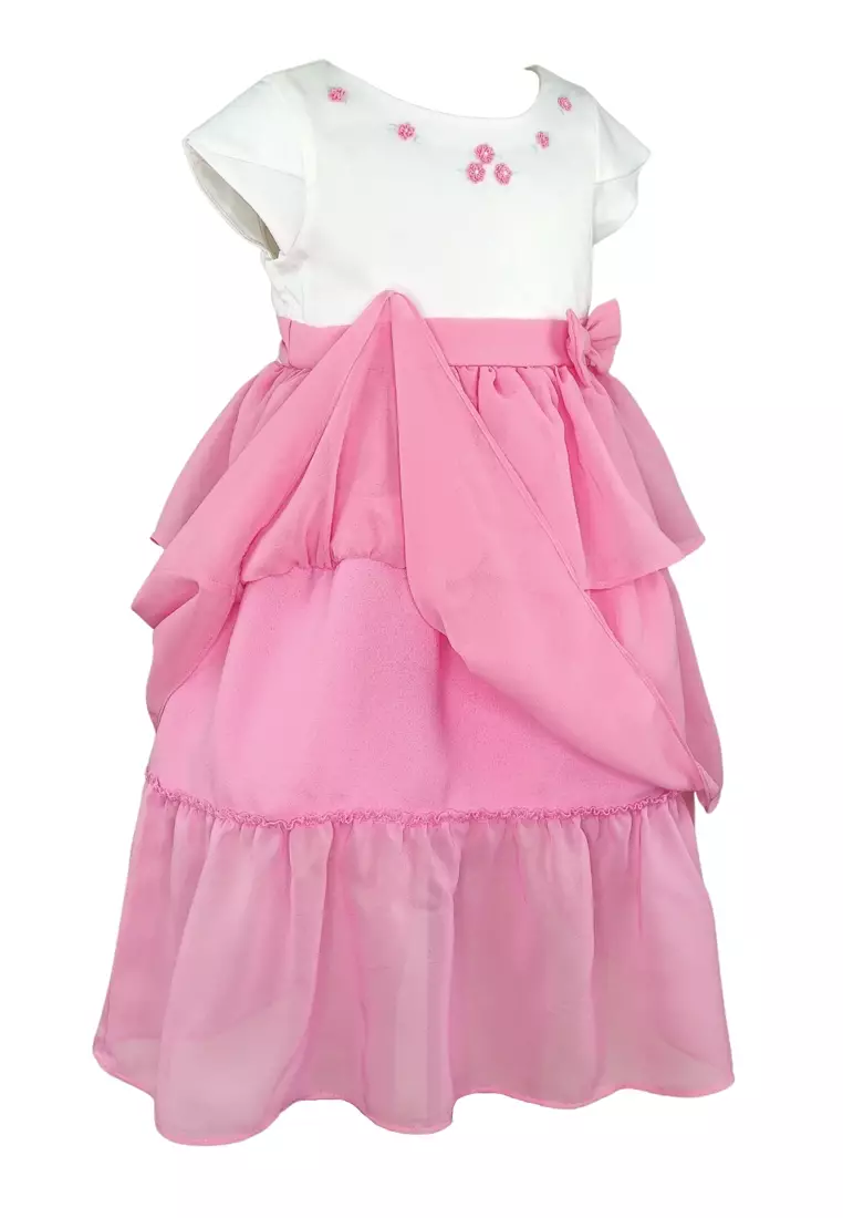 Sophie Girl Pink Party Dress Tiered Skirt with Embroidered Flowers