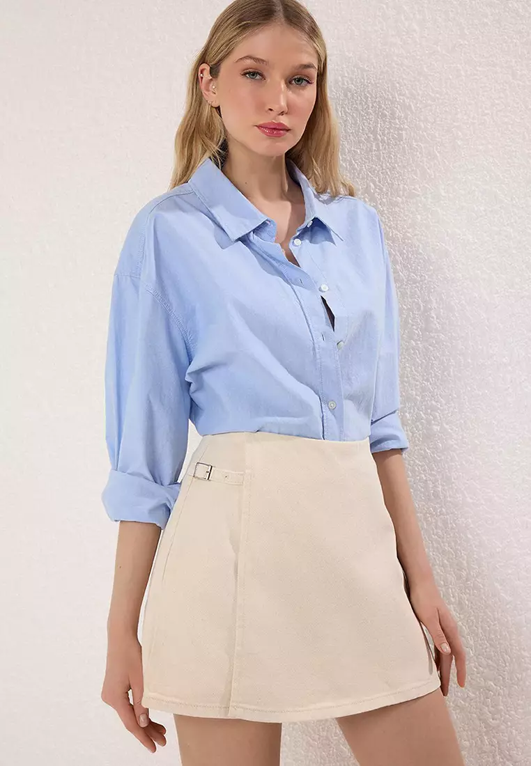 Ecru Accessory Detailed High Waist Denim Shorts Skirt Twoss25Sr00200