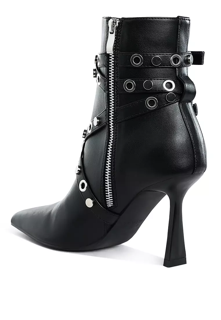 Eyelets & Studs Harness Ankle Boots in Black