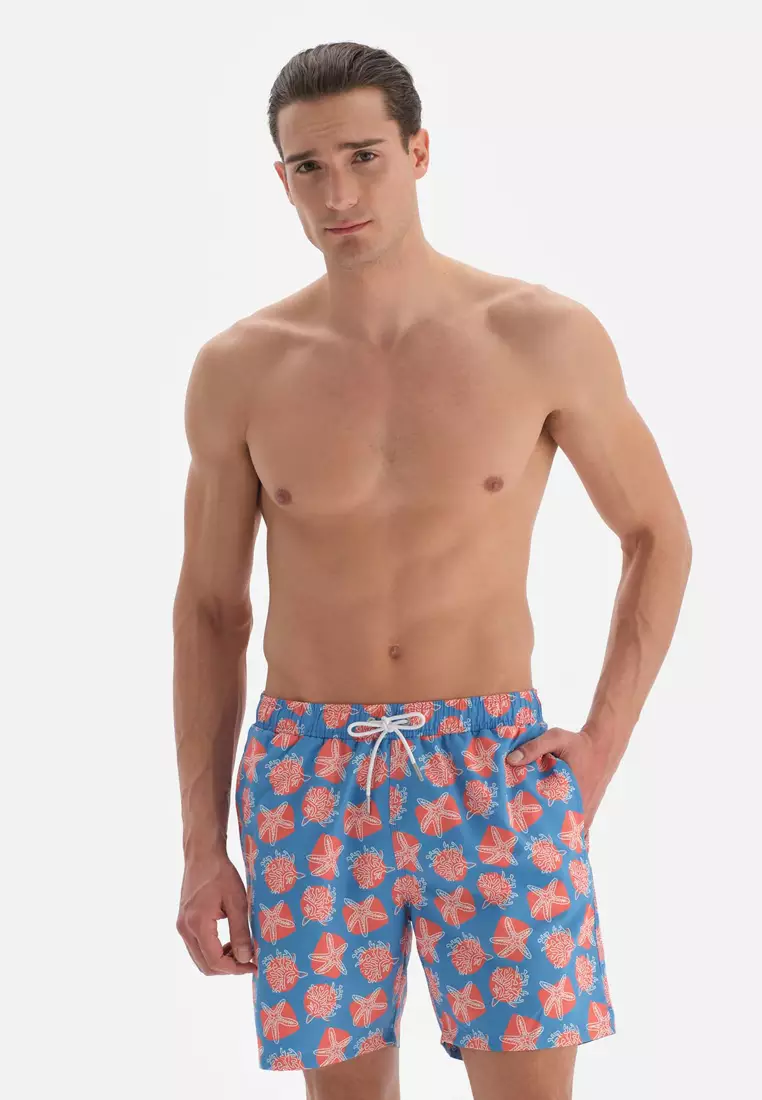 Blue - Salmon Shorts, Coral Printed, Regular Leg, Swimwear for Men