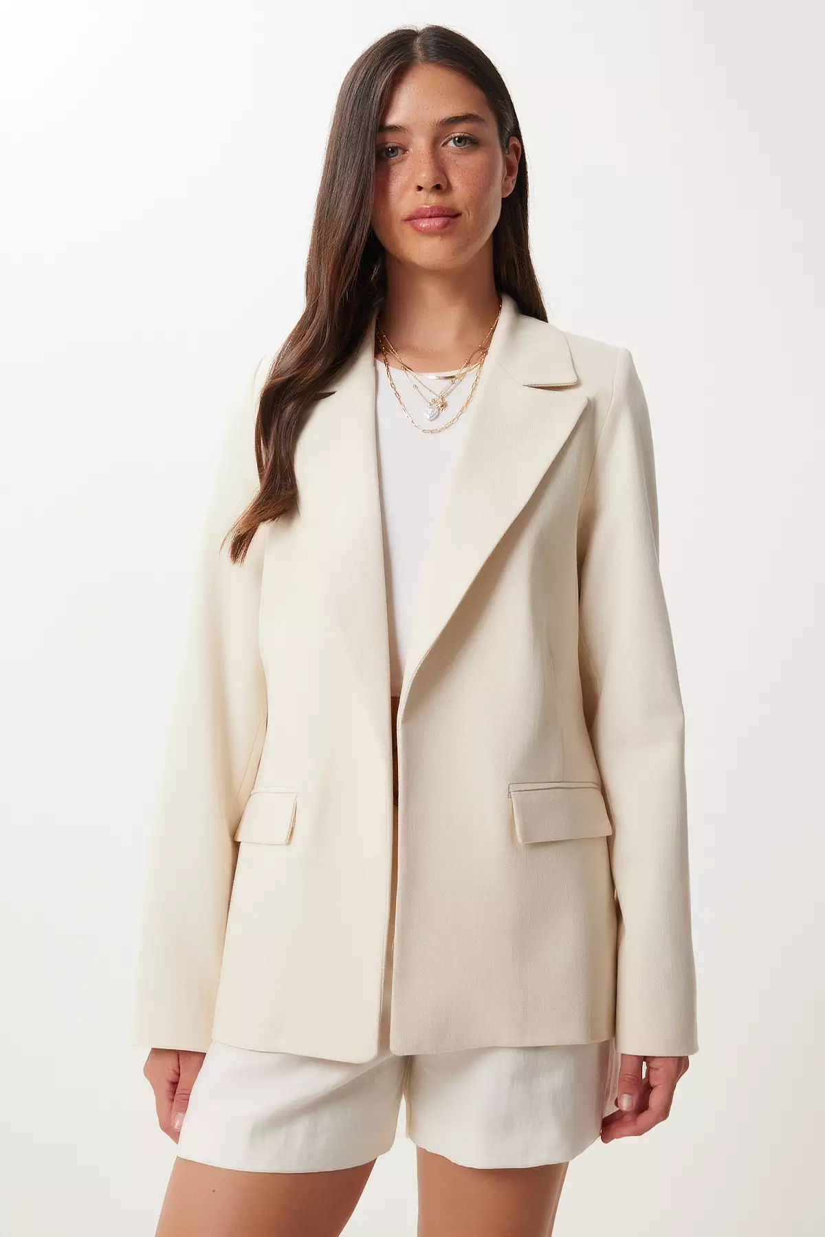 Women's Cream Padded Linen Blazer Jacket Xl00004