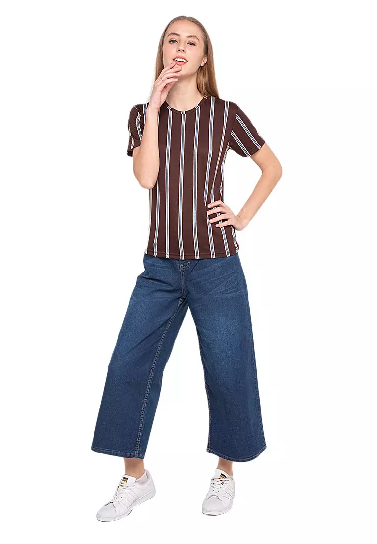Caldwell Blouse Salur Short Sleeves Atasan Wanita Relaxed Fit - Coklat