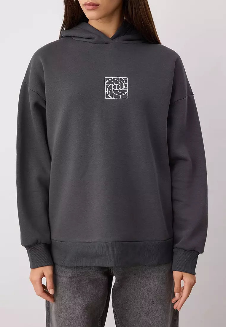 Anthracite Oversize/Wide Pattern Embroidered Thick Inside Polar Fleece Knitted Sweatshirt