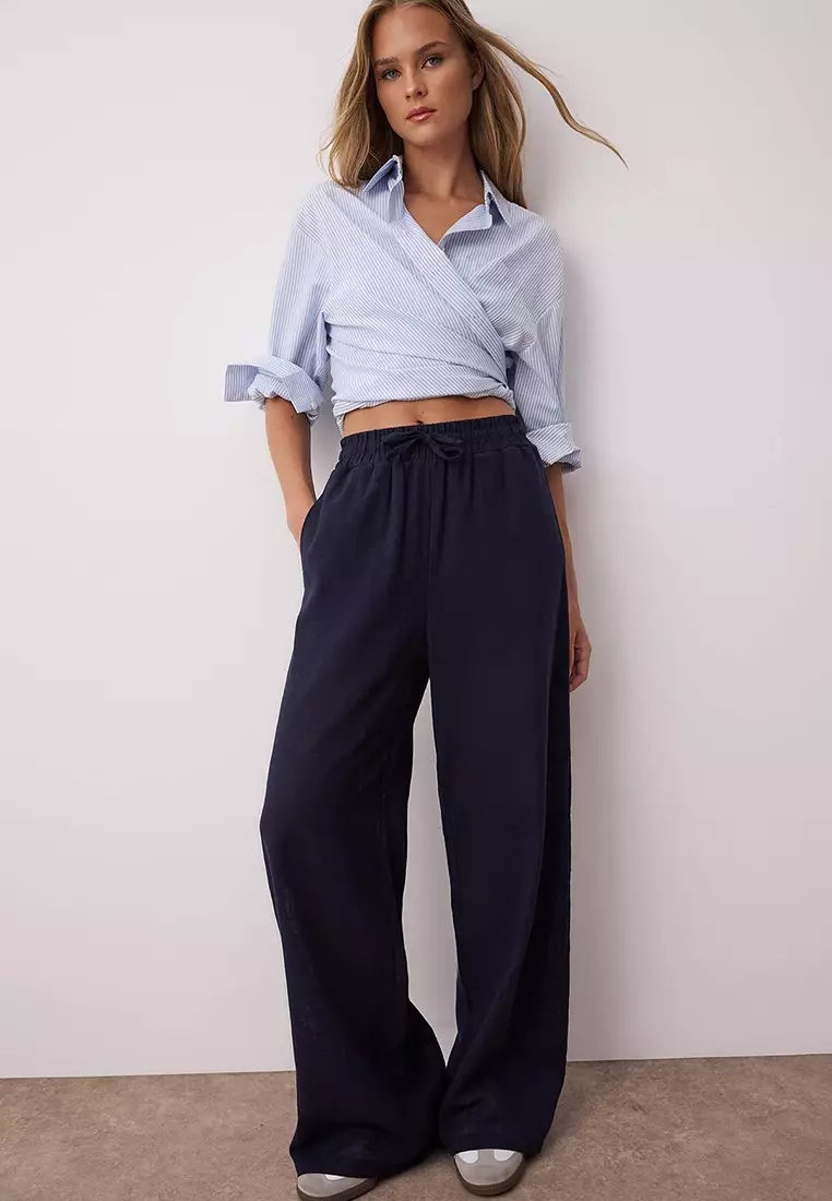 Navy Blue Linen Look Wide Leg Shorts Lined Elastic Waist Pants
