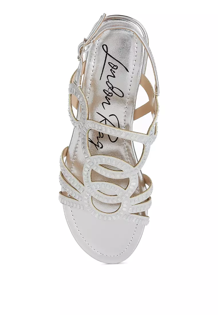 Cut Out Detail Rhinestone Flat Sandals in Silver
