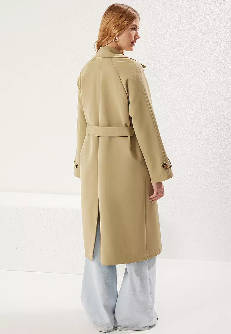 Light Khaki Belted Double Breasted Regular Long Trench Coat