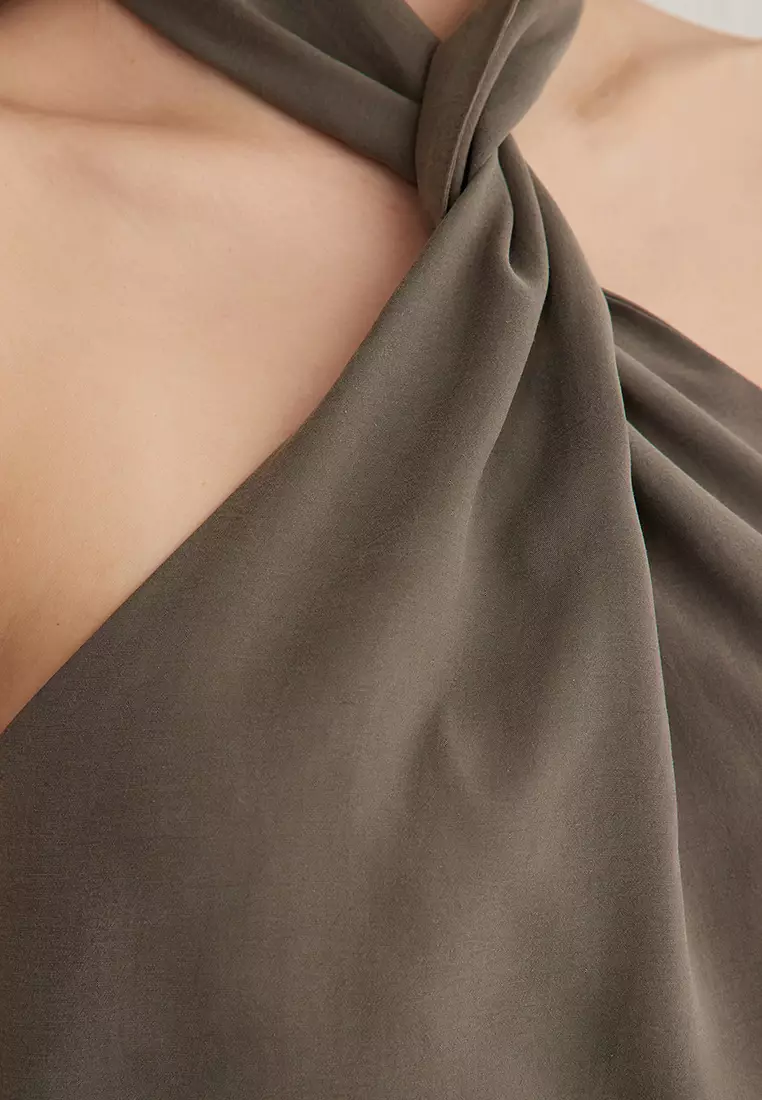 Khaki Halter Neck Knotted Woven Blouse