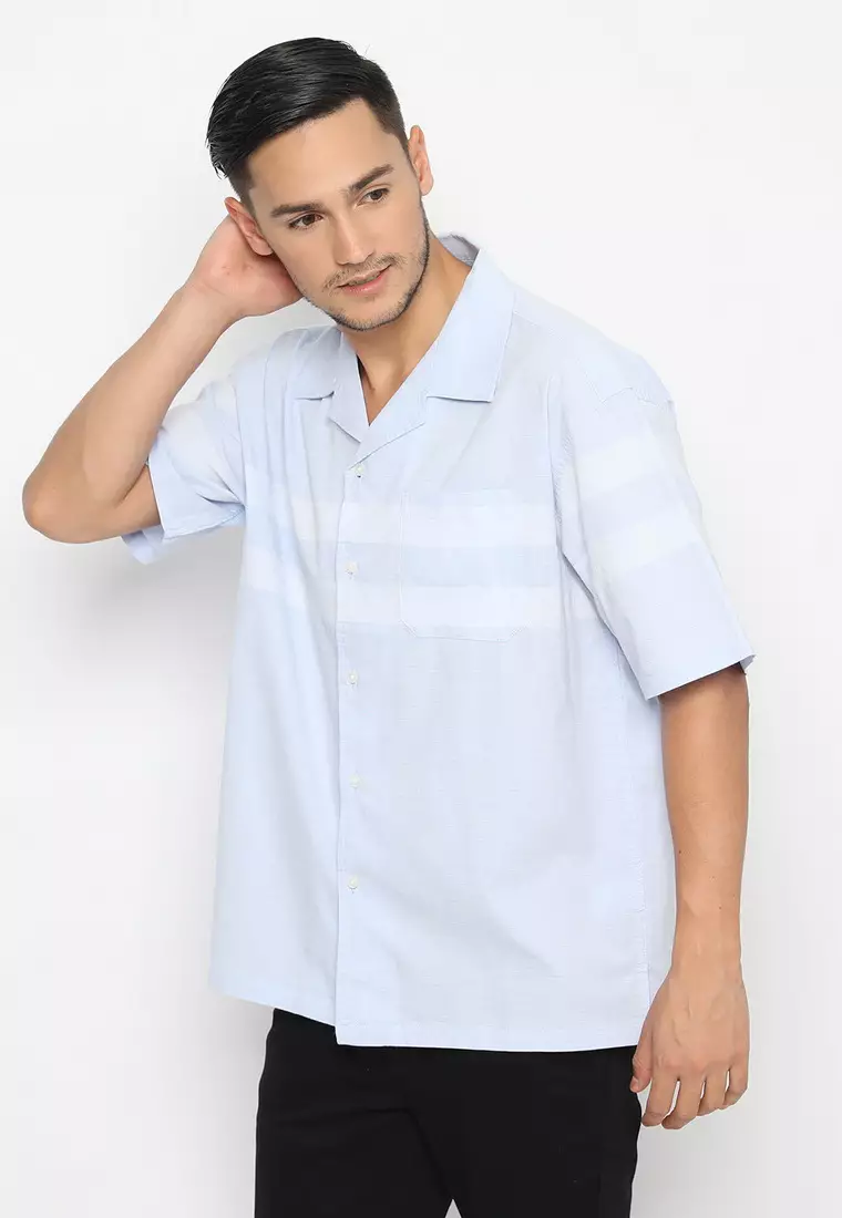 RBJ Kemeja Salur Yarndyed Krah Hawaii Biru Muda Regular Fit Pria