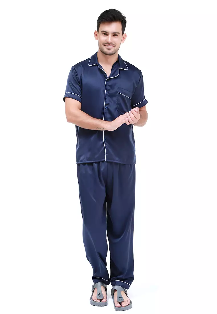 Klicin Setelan Baju Tidur Pendek Piyama Pria Plain One Set Sleepwear Pajamas Material Satin ORIGINAL - Navy