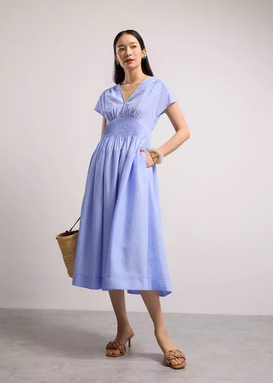 Dress Wanita - Gingham Seersucker V-neck Cap Sleeve Fit & Flare Midaxi Dress
