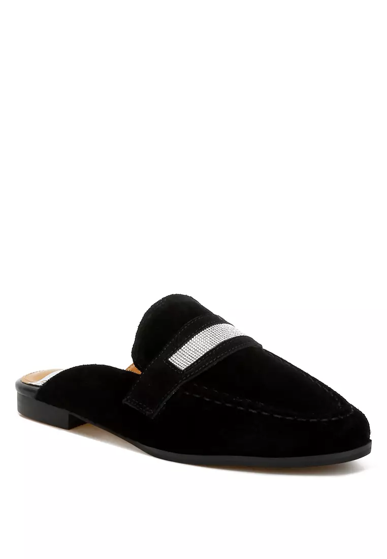 Rhinestone Strap Suede Mules in Black