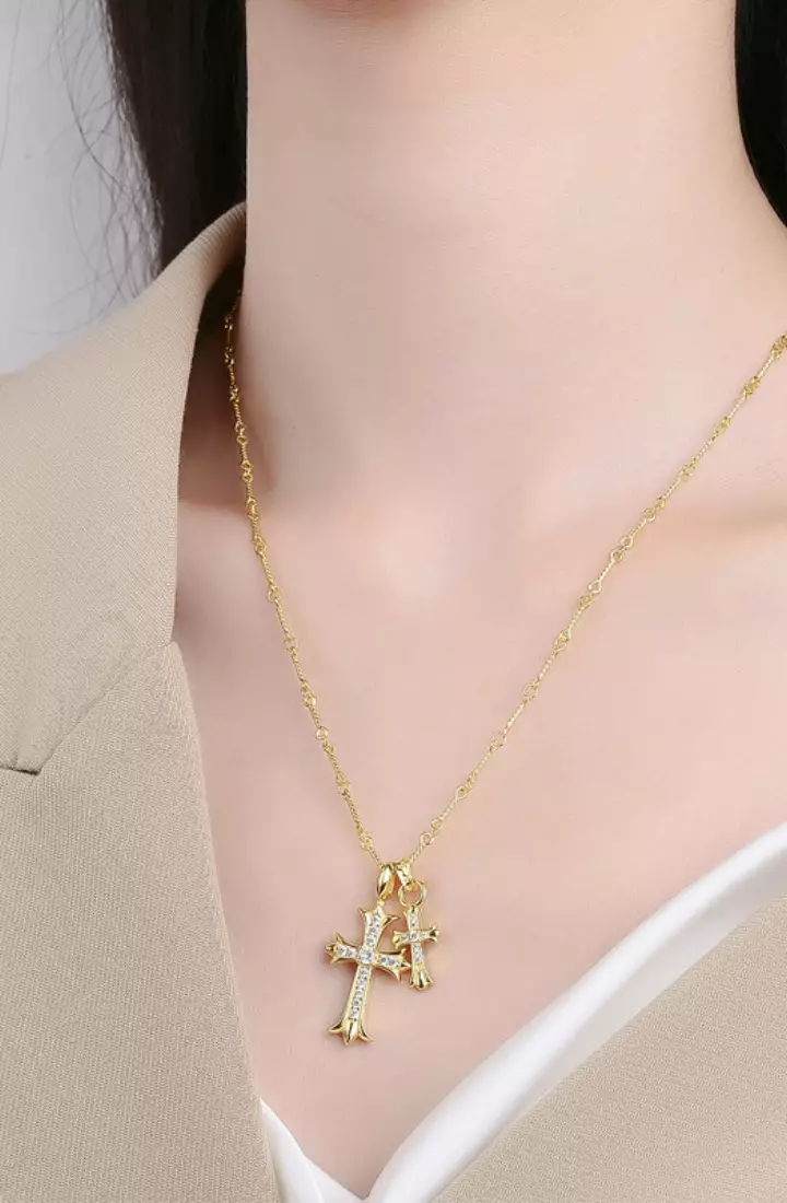 CELOVIS - Xavier Cross with Cubic Zirconia Engravable Pendant Chain Necklace in Gold