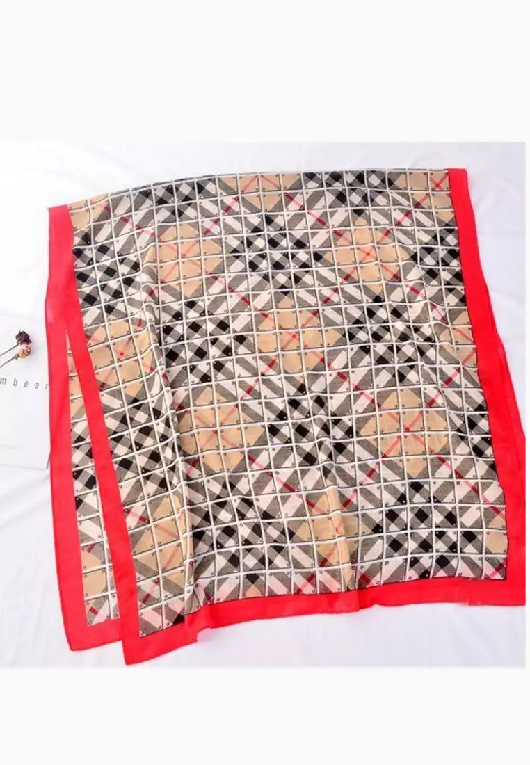 Aksesoris Wanita Checkered Pattern Viscose Shawl Syal Wanita Solid Border Beige & Red
