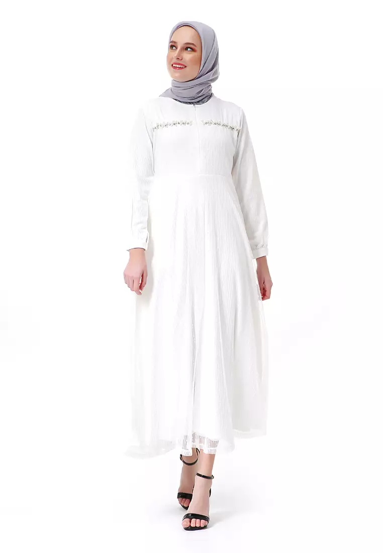 Nadya Dress Muslimah Women Waist Strap High Quality Premium - Broken White