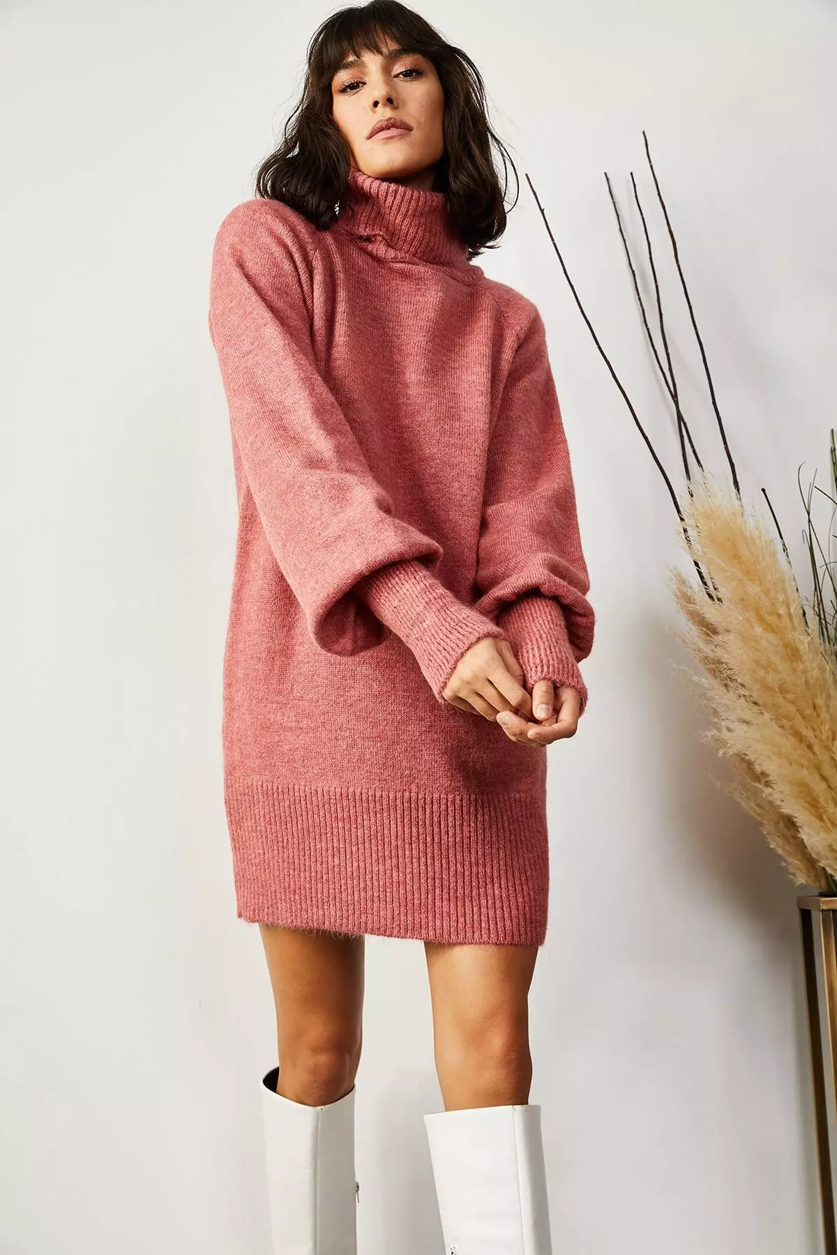 Turtleneck Balloon Sleeve Loose Knitwear Dress
