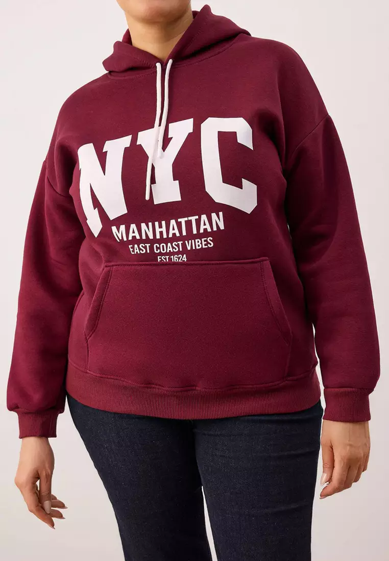 Burgundy College Themed Hooded Fleece Inside Oversized Sweatshirt Tbbaw26Ao00042