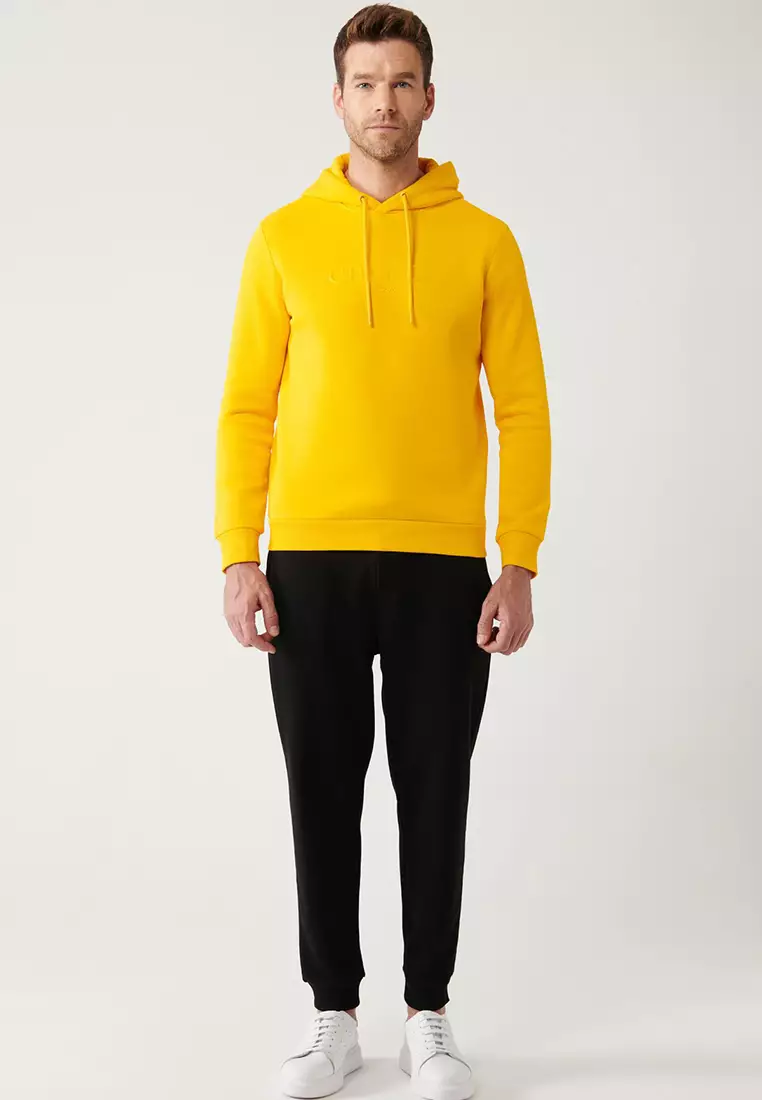 Men's Yellow Hooded 3 Thread Raised Printed Sweatshirt A32Y1240