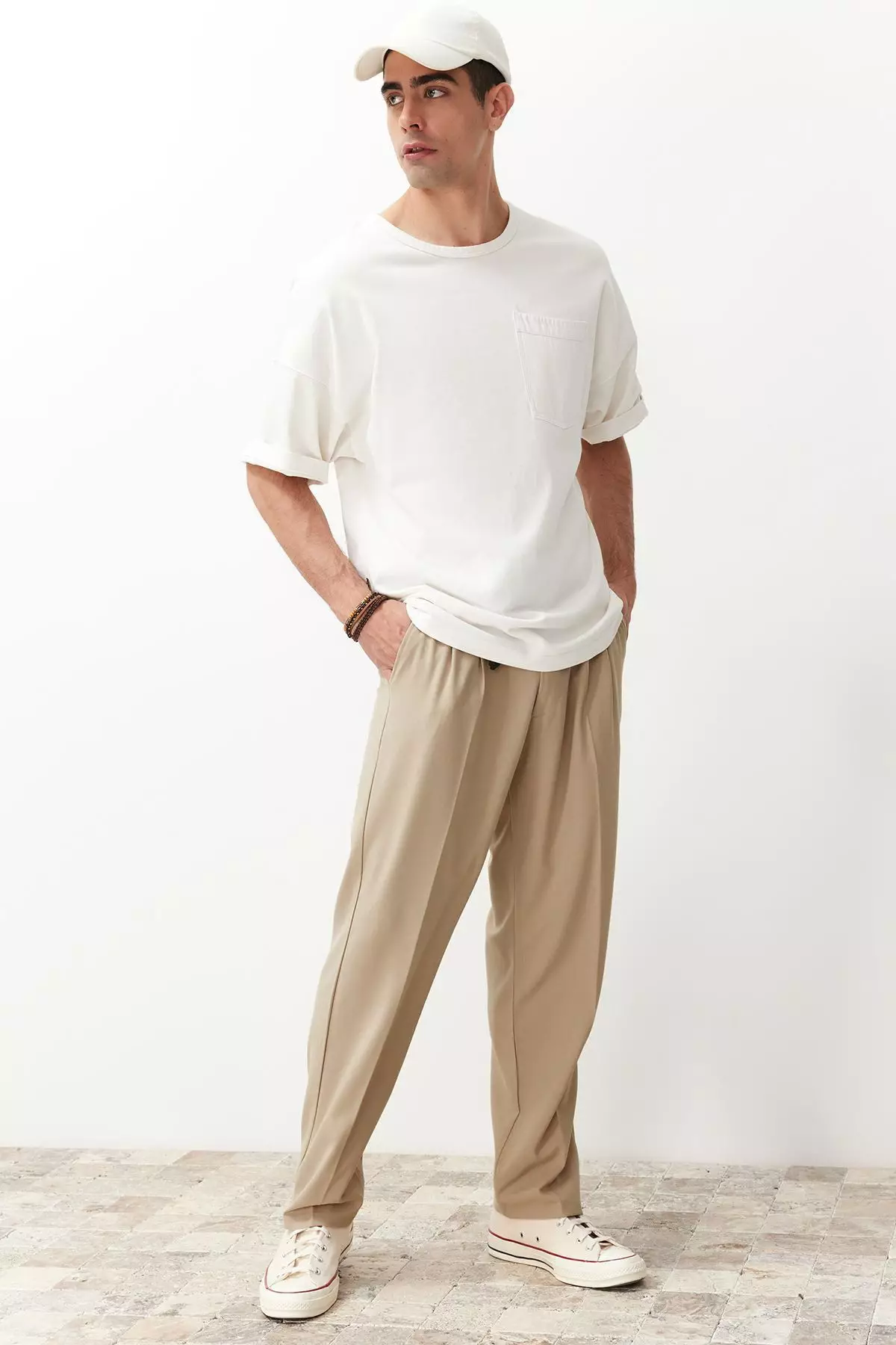 Beige Pleated Classic Baggy Fit Fabric Trousers TMNSS24PL00024