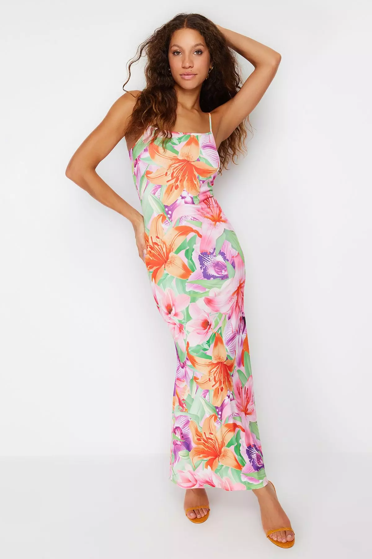 Multicolored Floral Bodycone/Fit Strap Maxi Stretchy Knitted Maxi Pencil Dress TWOSS23EL02435