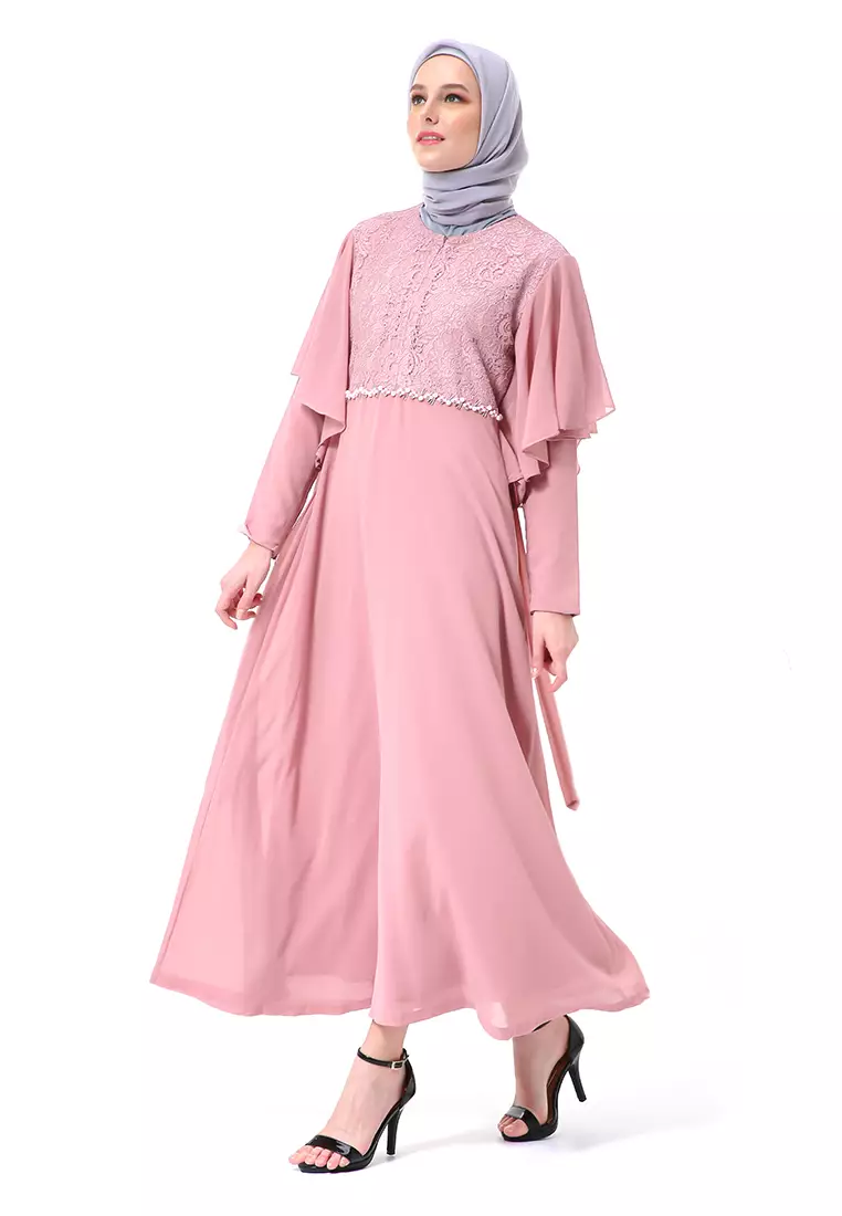 Hilda Dress Panjang Muslimah Wanita Long Sleeve High Quality Premium - Pink