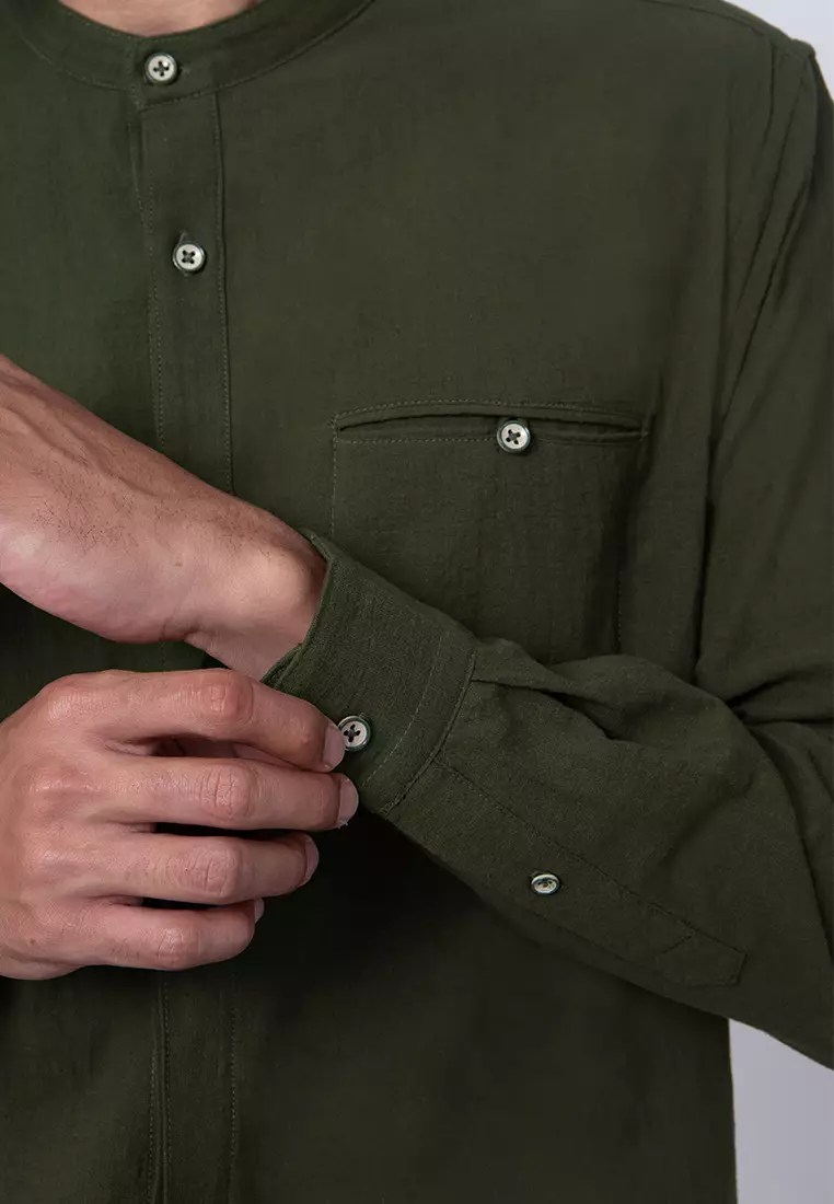 JAFFAR GREEN OLIVE Kemeja Shanghai Lengan Panjang Pria - Top Man Shirt
