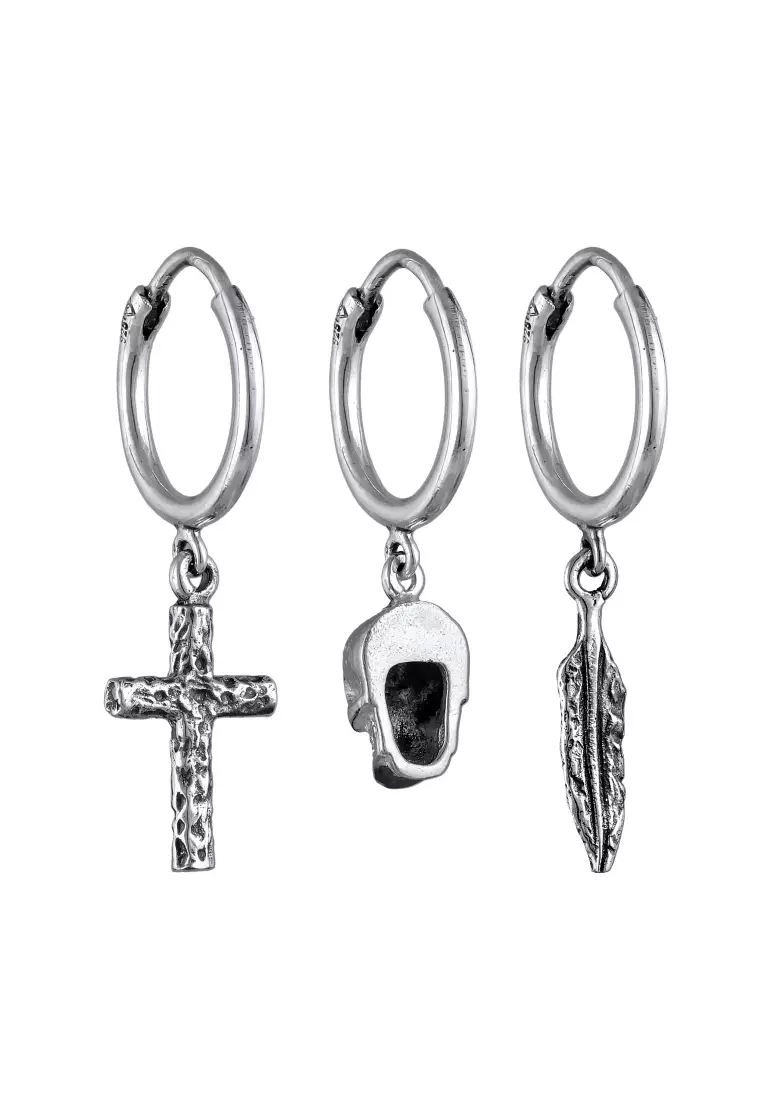 EXCLUSIVE Anting Perhiasan Perak 925 Pria Set Creole Skull Feather