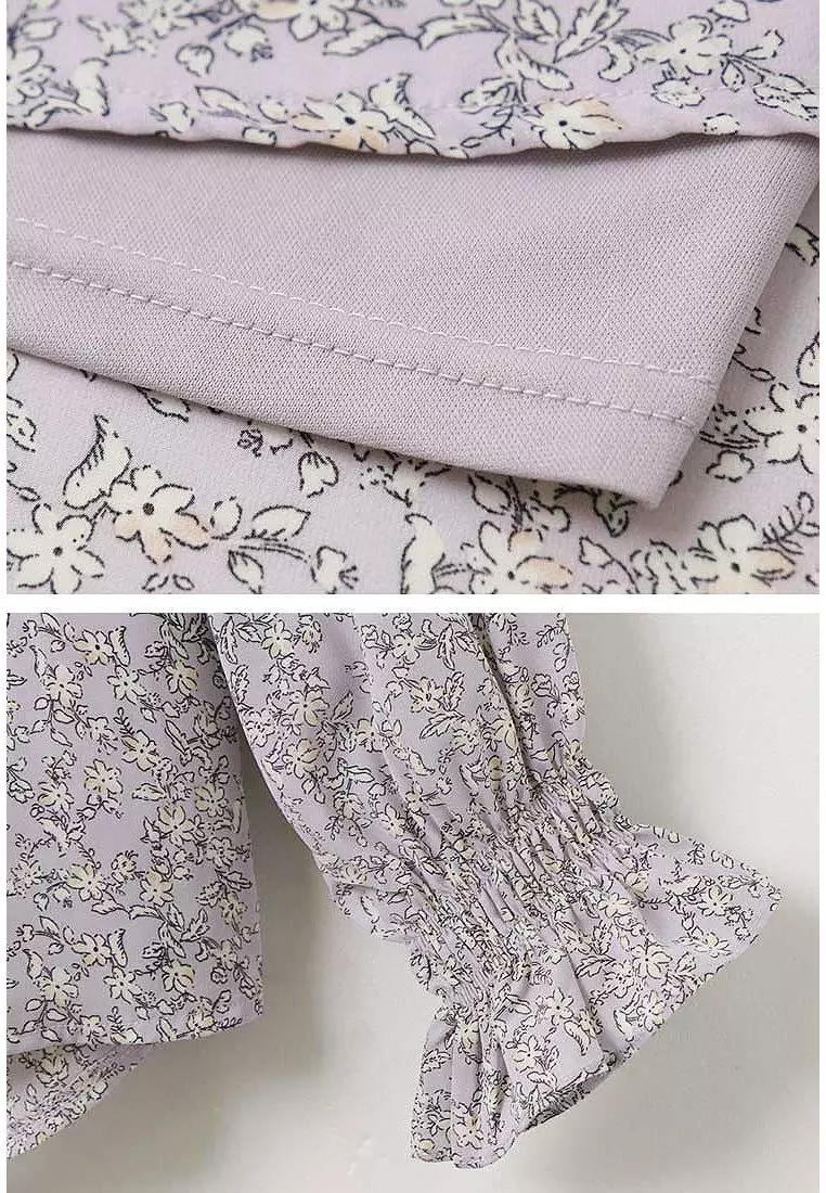 V領碎花傘襬荷葉袖雪紡上衣《AB16518》