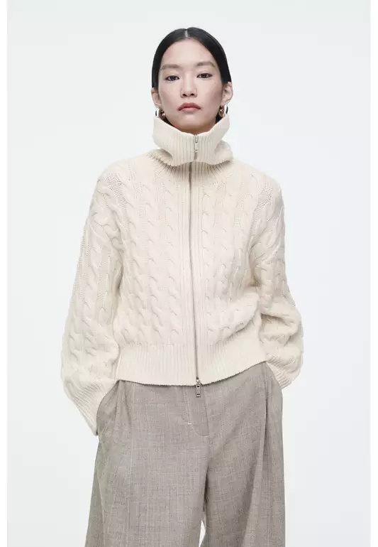 CABLE-KNIT WOOL ZIP-UP JACKET