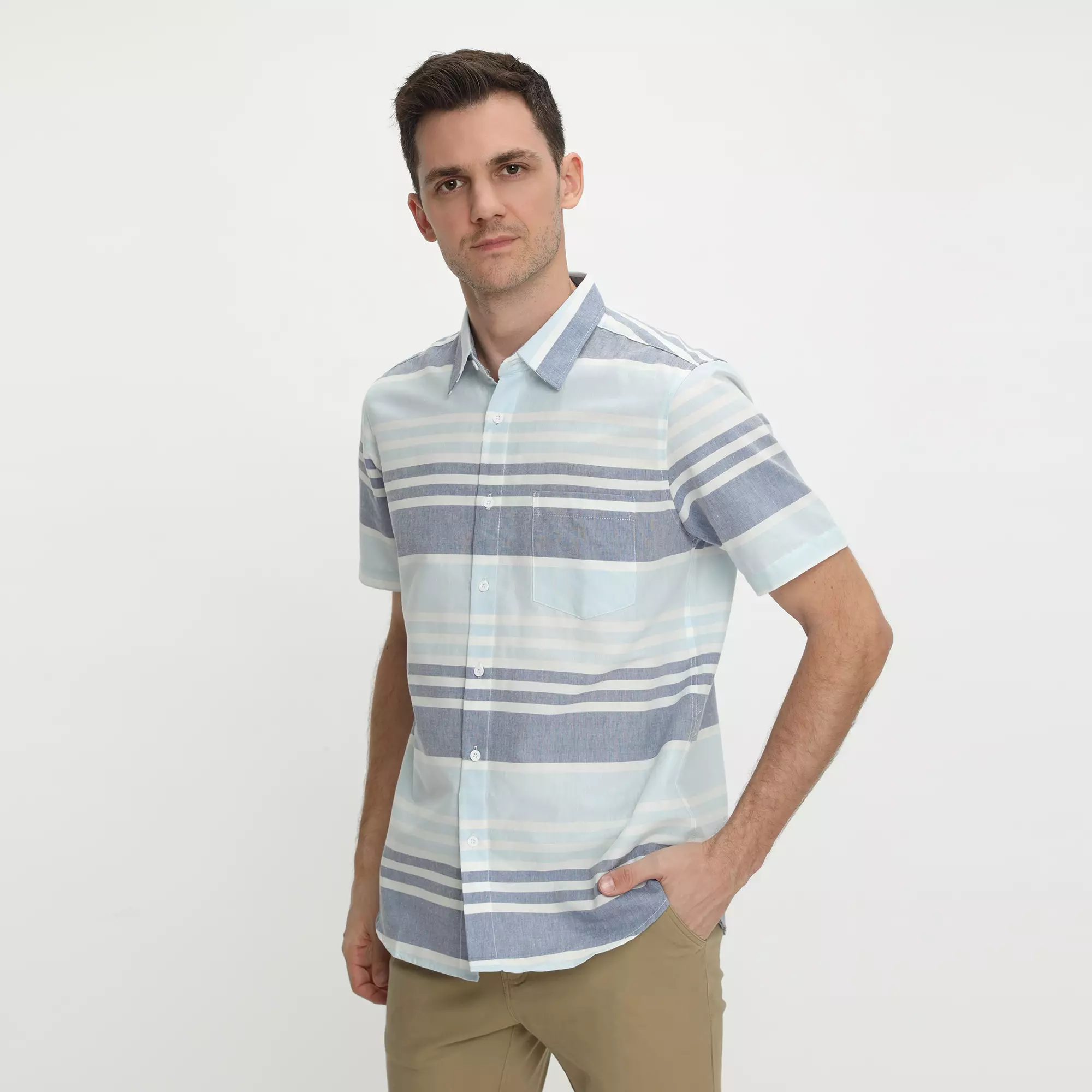 Platini Kemeja Motif Salur Pria Lengan Pendek Katun Blue 73491.21