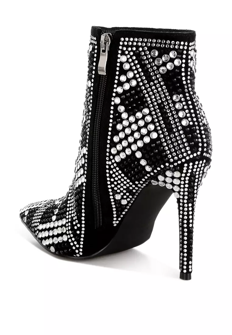 Rhinestones Studded Stiletto Heel Boots in Black