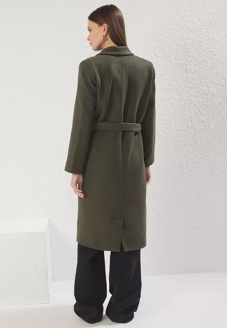 Khaki Fitted Belted Gold Buttoned Long Wool Cashmere Coat TWOAW23KB00018