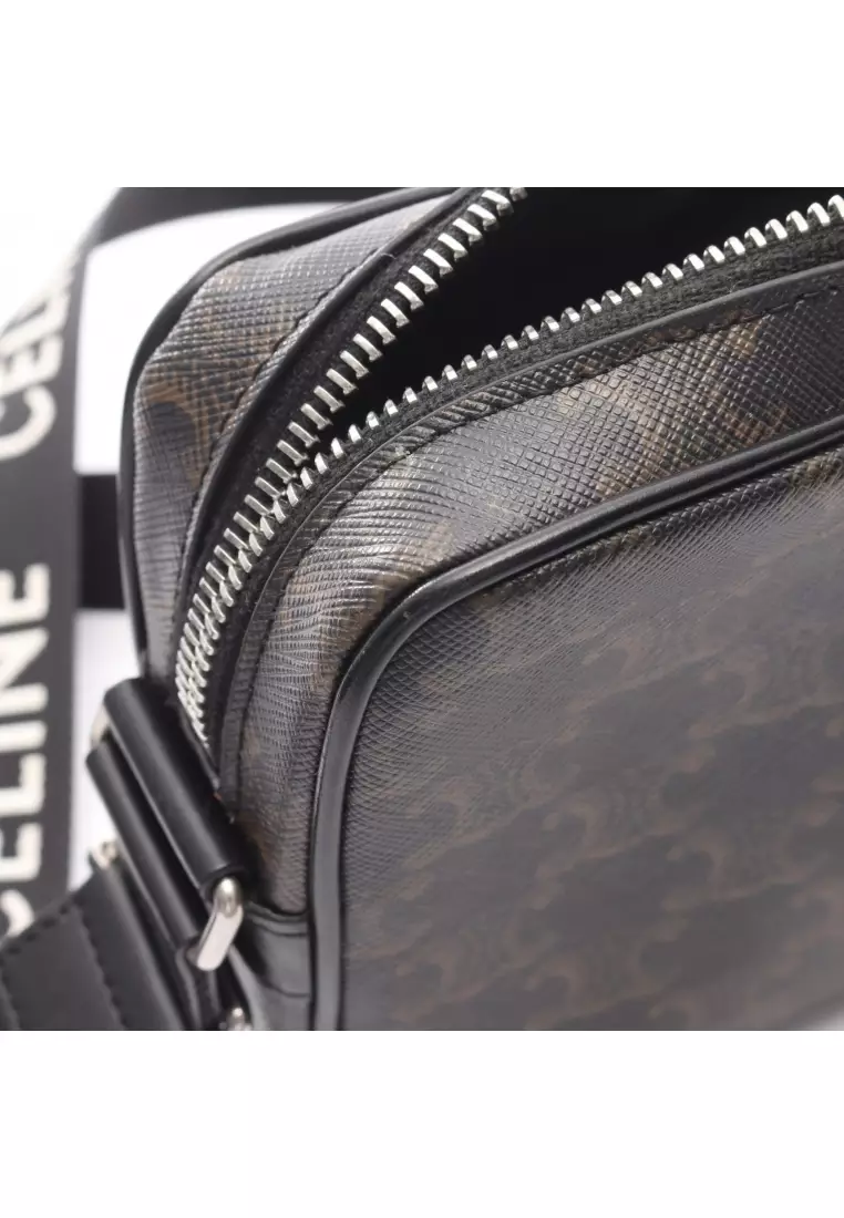 Pre-Loved Celine Triomphe Medium Messenger bag Shoulder bag PVC leather Dark brown black