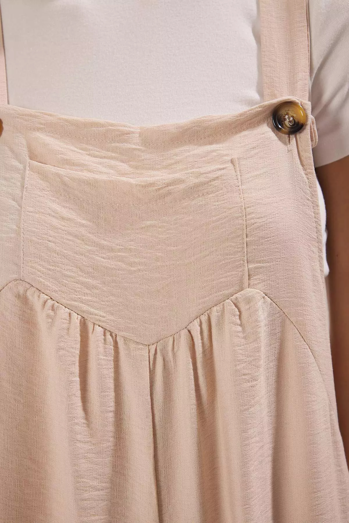 Beige Button Detail Square Collar Wide Leg Jumpsuit Twoss21Tu0090