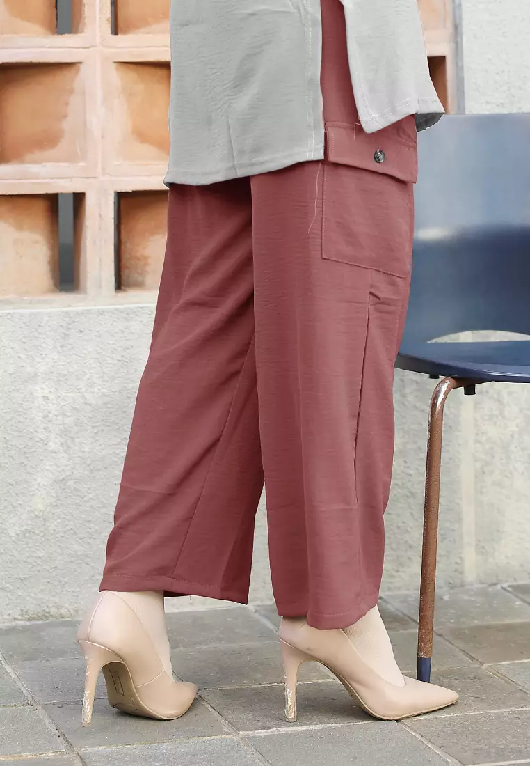 Cotton Bee - Tirana Pants | Celana Wide Legs Wanita | Kulot Basic Pocket - Chrysan Berry