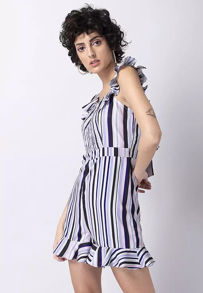 Blue Striped Smocked Ruffled Playsuit