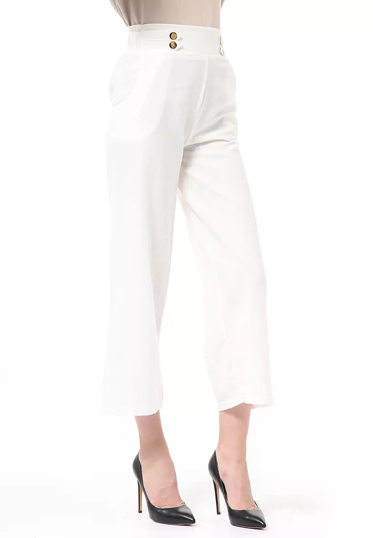 Stella Casual Long Pants Wanita Celana Kulot Highwaist Double Botton Material Linen ORIGINAL - Broken White