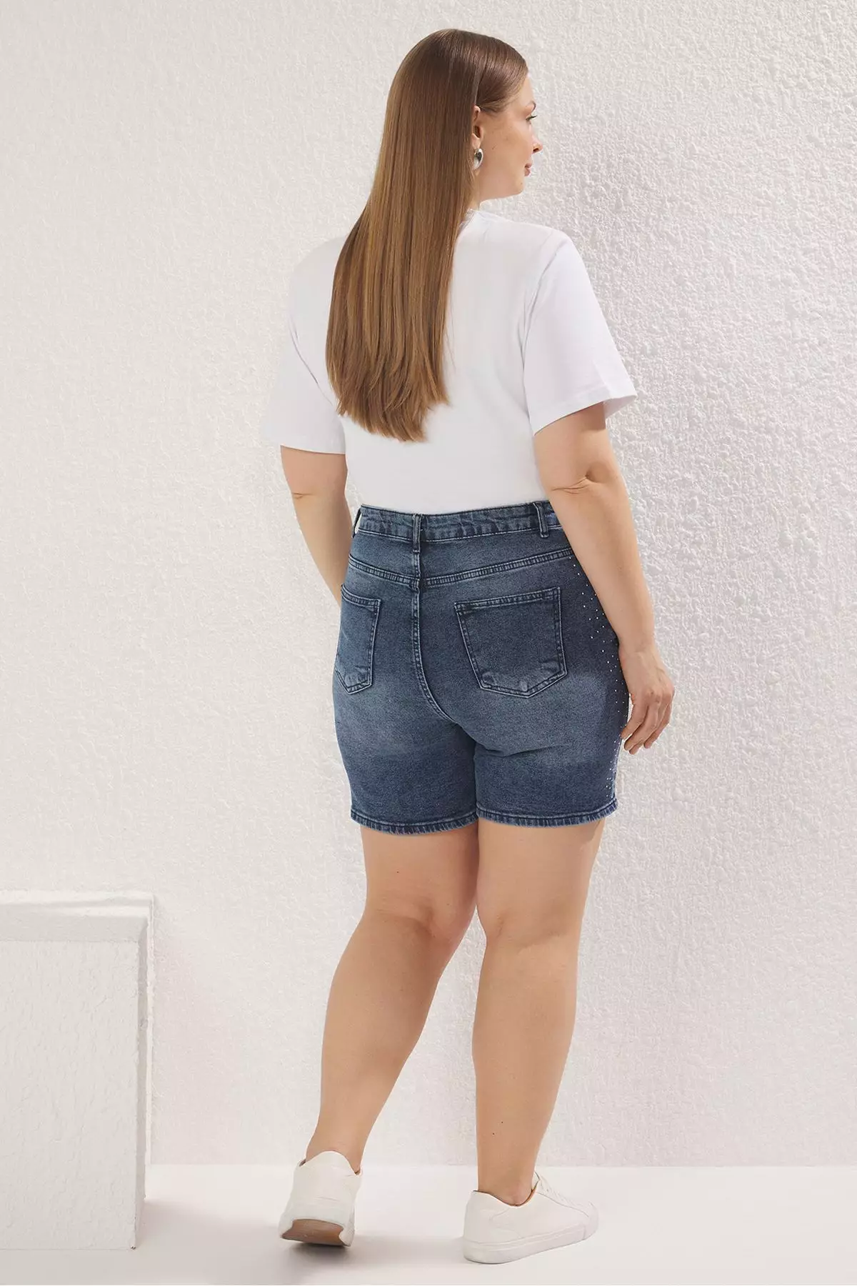 High Waist Stoned Denim Plus Size Shorts