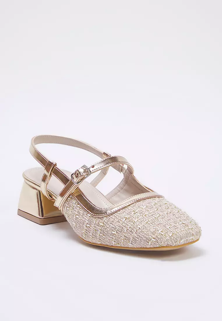 Beige Tweed Square Toe Mary Jane Women Block Heels Shoes Takss25To00023
