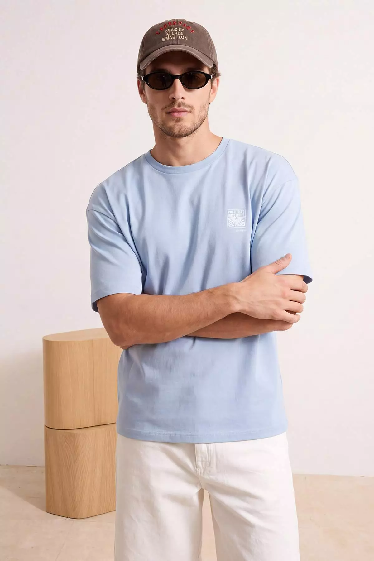 Light Blue Oversize/Wide Cut Embroidered 100% Cotton T-Shirt Tmnss26Ts00024