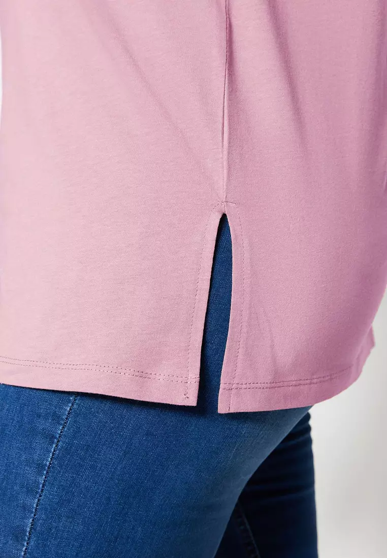 Pink Boyfriend V Neck Slit 100% Cotton Knitted T-Shirt TBBSS22BF0036