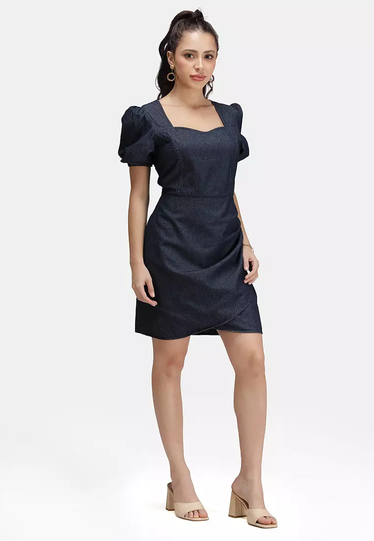 VIRGIO 100% Cotton Denim Pleated Mini Dress
