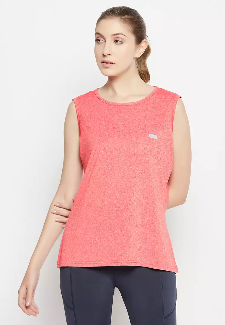 Clovia Comfort Fit Active Sleeveless T-Shirt in Coral Red