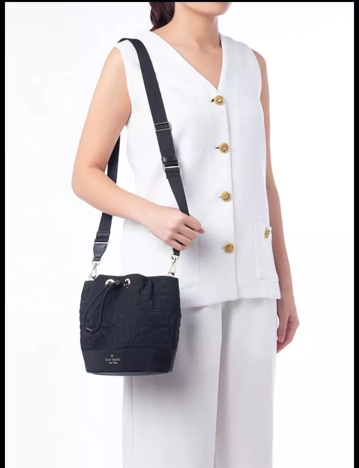 KK076 Kate Spade Flower Quilted Nylon Mini Bucket Bag Black