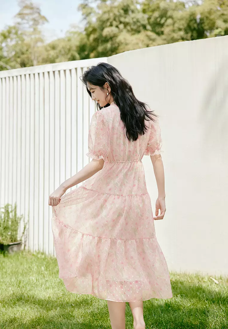 Ruffled Sleeve and Collar Tiered Floral Midi Dress