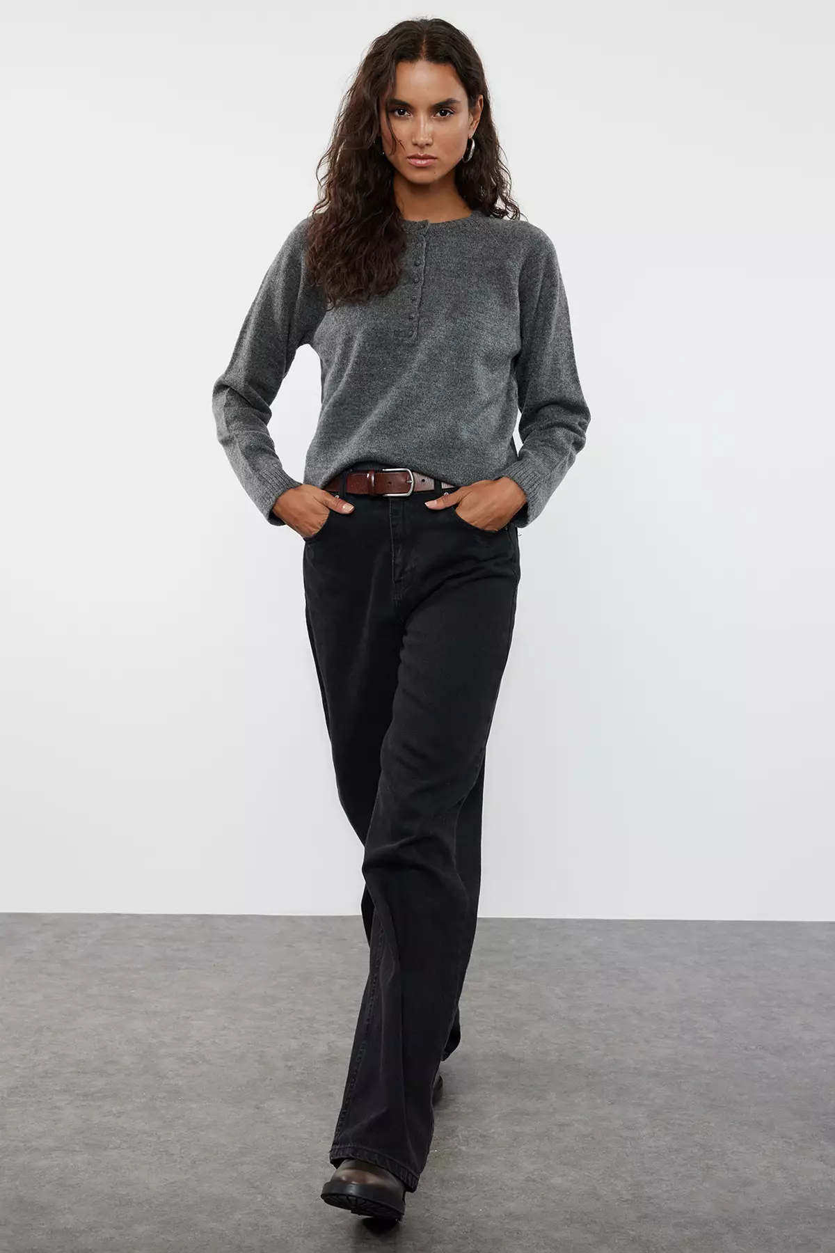 Anthracite Soft Texture Button Detailed Knitwear Sweater