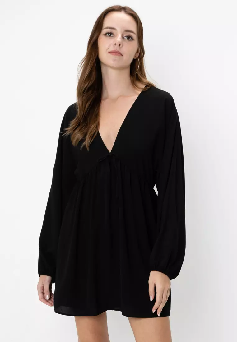 asos black swing dress ASOS Design - Ribbed Slash Neck Ruched Side Swing Mini Dress - Women - Cotton/Spandex - 0 US